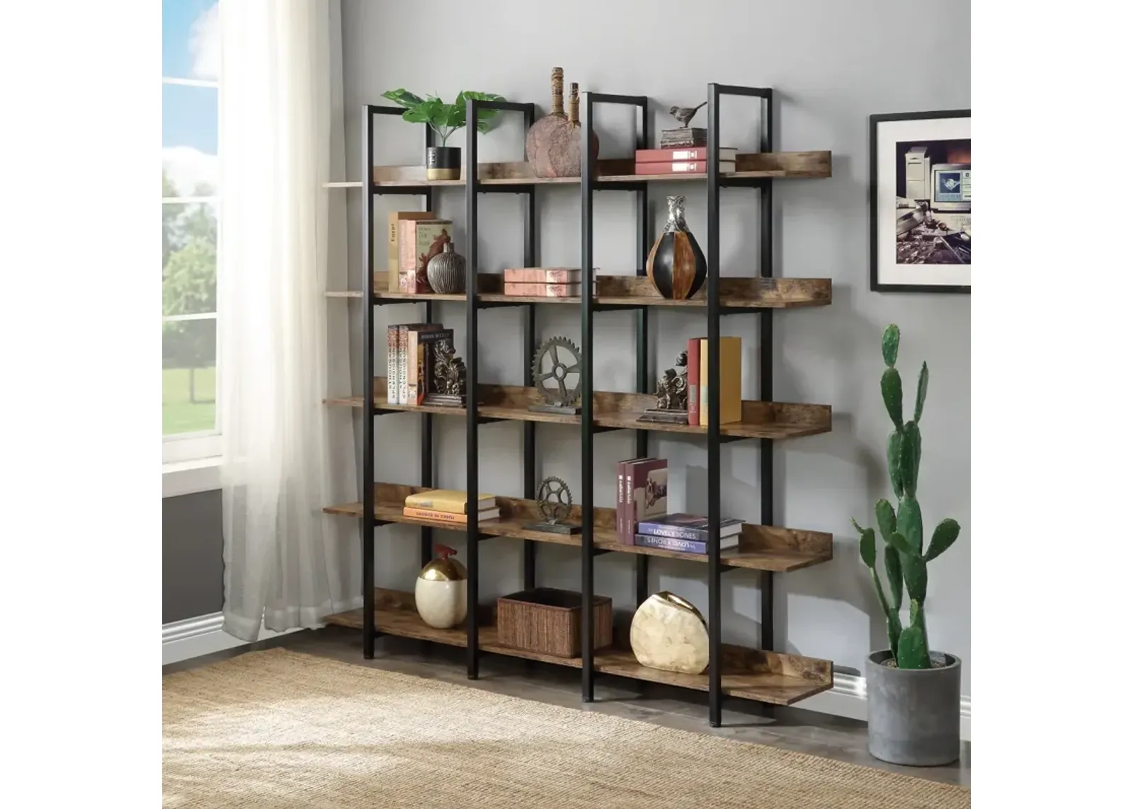 5 Tier Bookcase Home Office Open Bookshelf, Vintage Industrial Style Shelf with Metal Frame, MDF Board