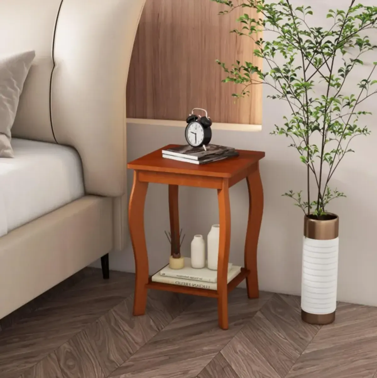 Hivvago 15 Inch 2-Tier Square End Table with Storage Shelf-Walnut