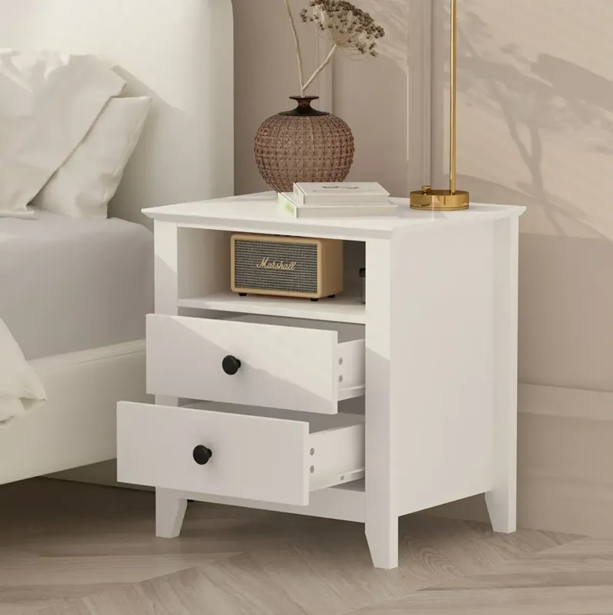 White Wooden Nightstand, Sidetable, End Table with 2 Drawers and Open Shelf, 19.7 L x 15.7 in. W x 21.7 in. H