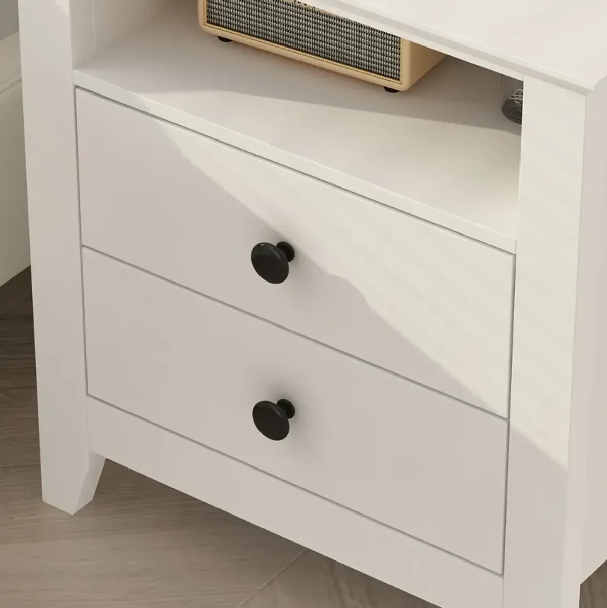 White Wooden Nightstand, Sidetable, End Table with 2 Drawers and Open Shelf, 19.7 L x 15.7 in. W x 21.7 in. H