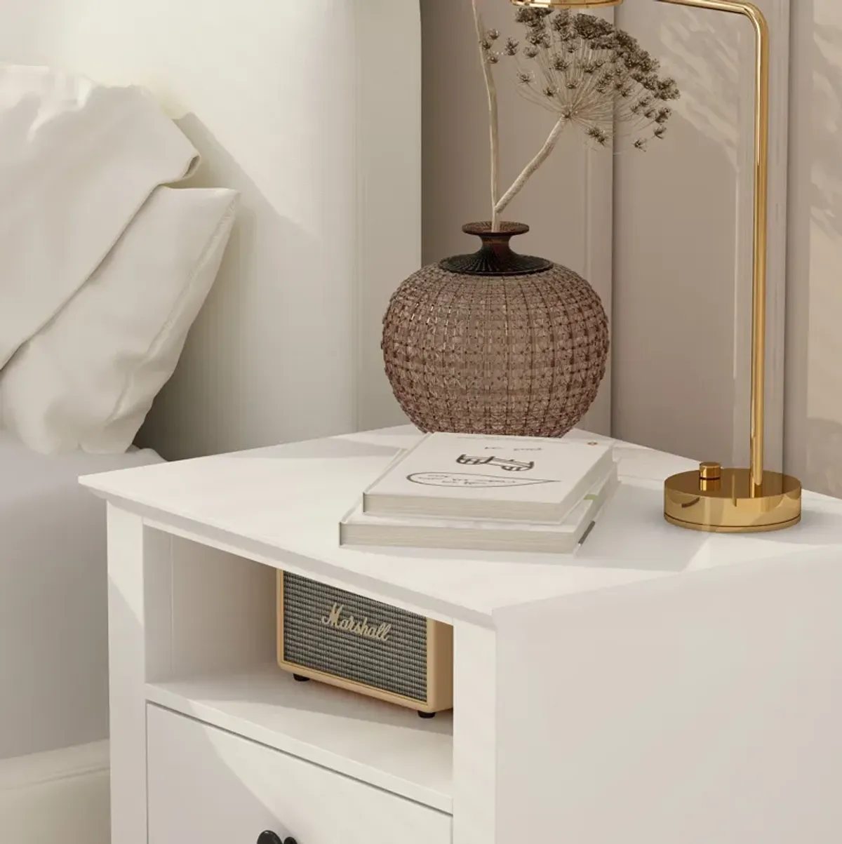 White Wooden Nightstand, Sidetable, End Table with 2 Drawers and Open Shelf, 19.7 L x 15.7 in. W x 21.7 in. H