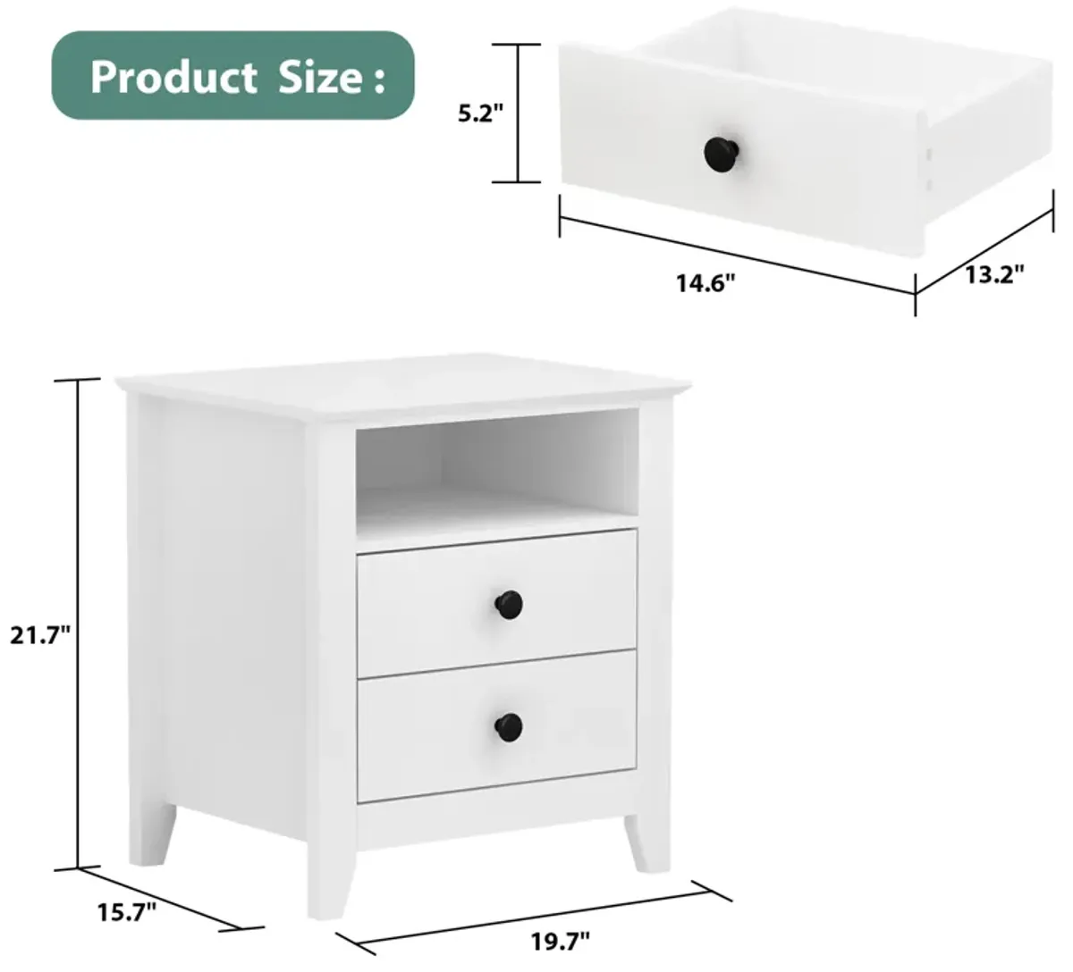 White Wooden Nightstand, Sidetable, End Table with 2 Drawers and Open Shelf, 19.7 L x 15.7 in. W x 21.7 in. H