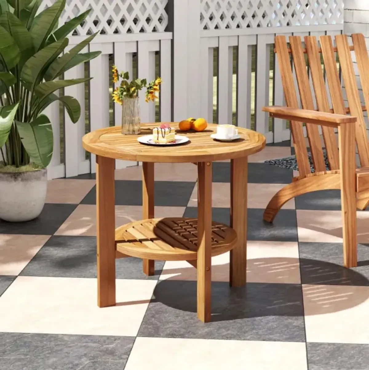 Outdoor Round Side Table Patio End Table with Slatted Storage Shelf for Garden or Backyard