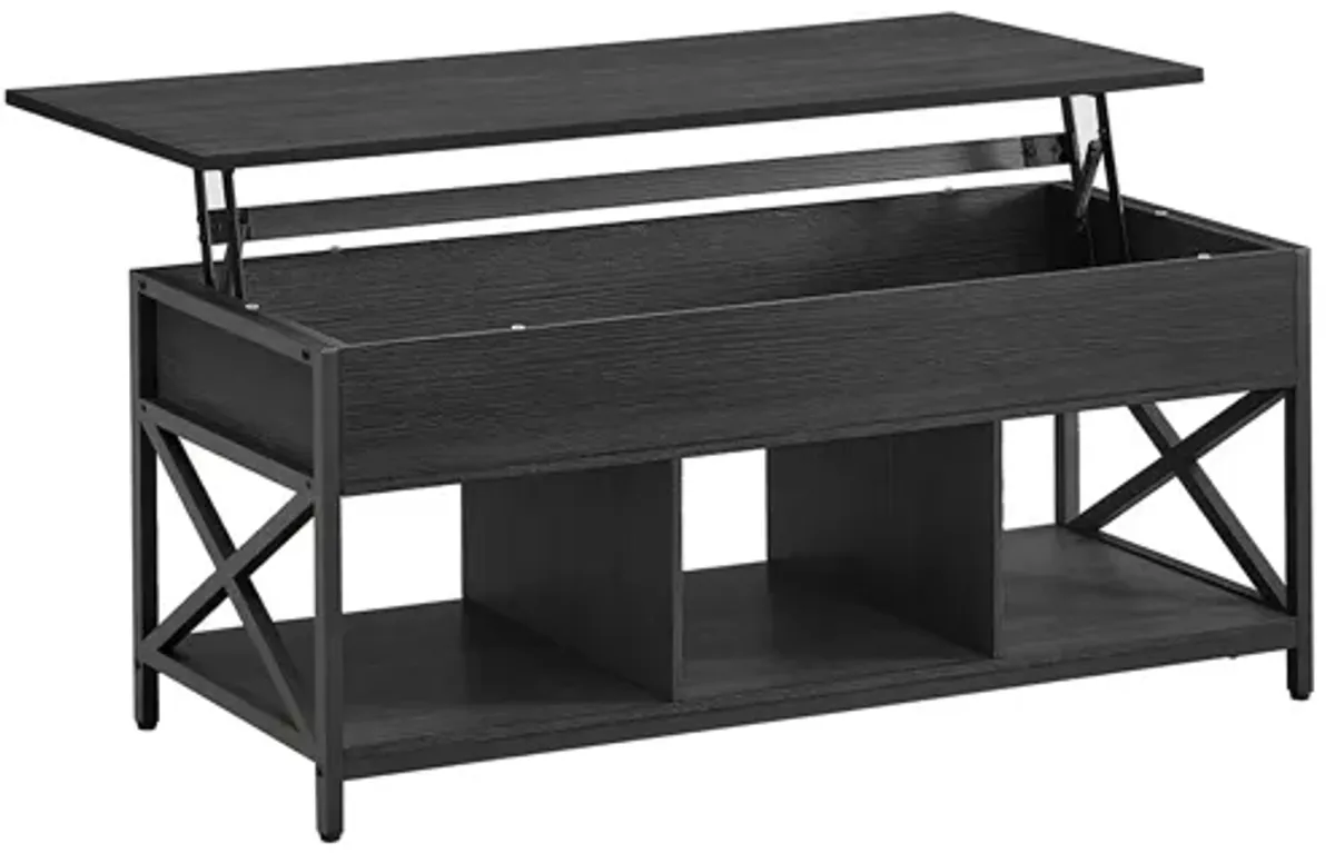 Modern Lift Top Coffee Table - Hidden & Open Compartments with X-Shaped Steel Frame