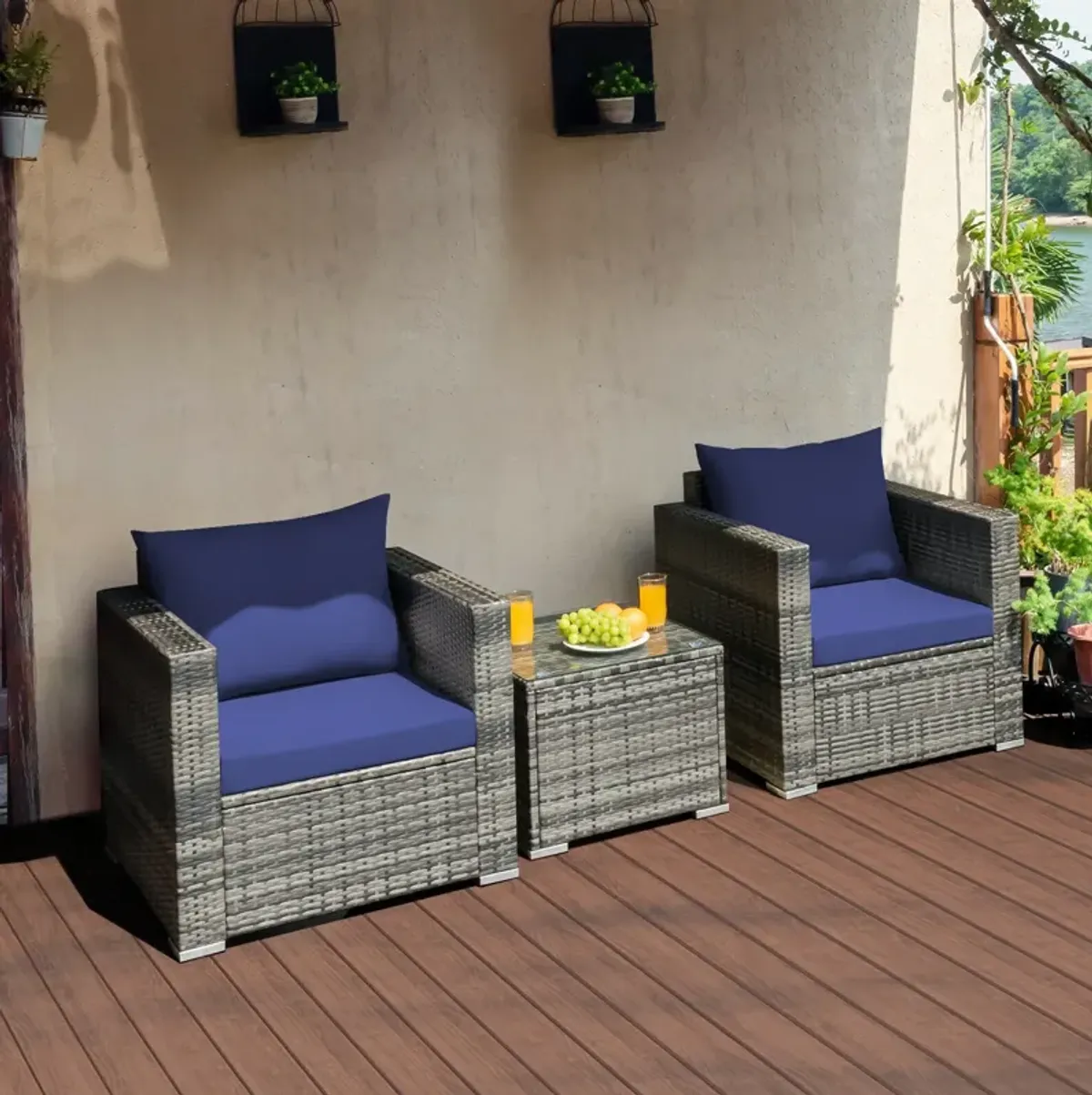 3 Pcs Patio Rattan Furniture Bistro Sofa Set with Cushioned