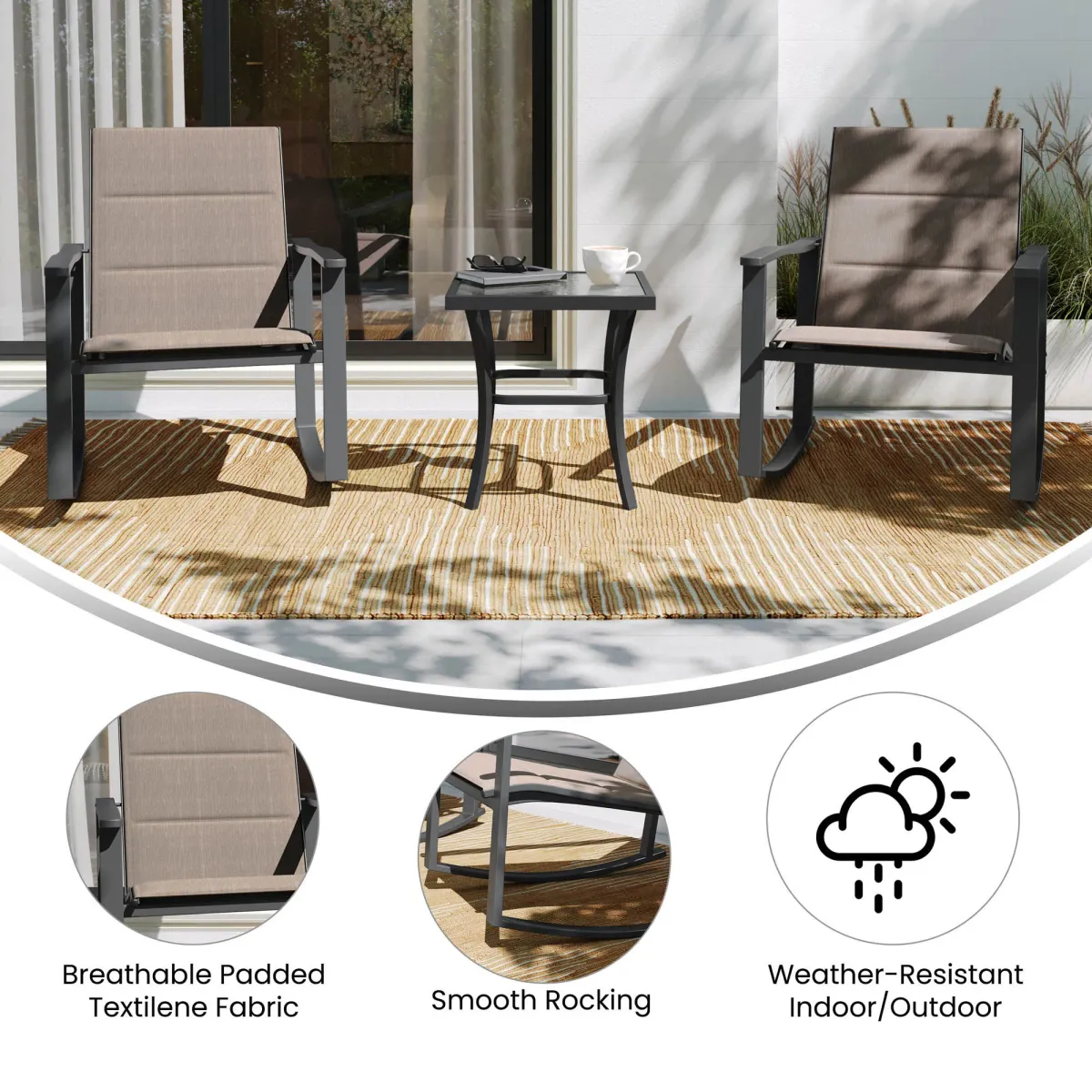 Flash Furniture Brazos 3 Piece Outdoor Rocking Chair Bistro Set with Flex Comfort Material and Steel Framed Glass Top Table