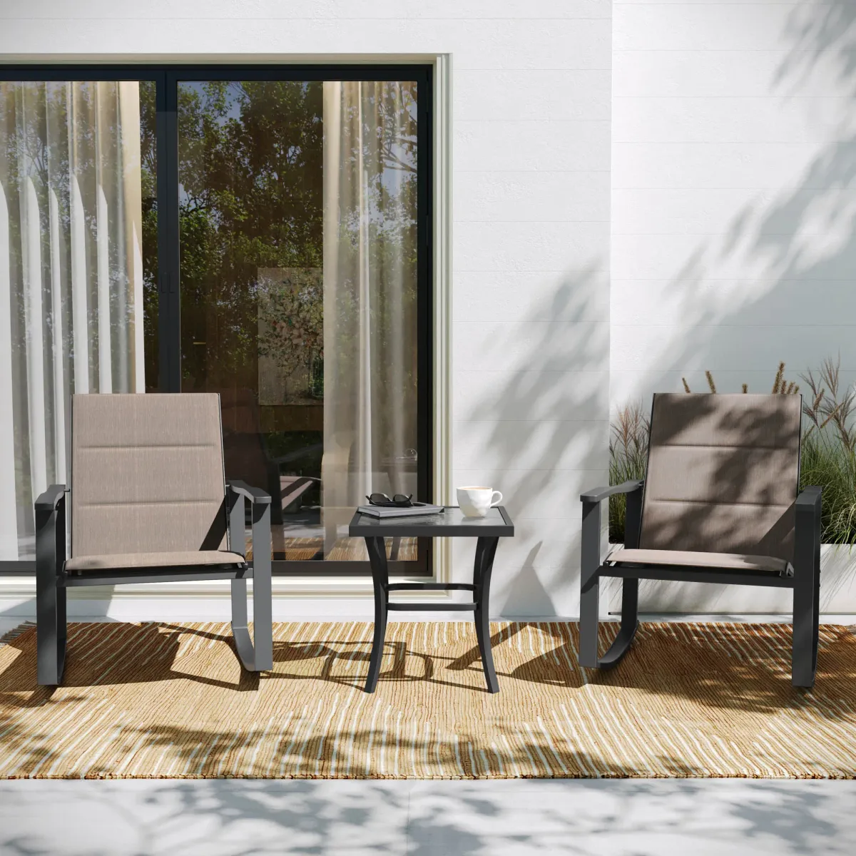 Flash Furniture Brazos 3 Piece Outdoor Rocking Chair Bistro Set with Flex Comfort Material and Steel Framed Glass Top Table