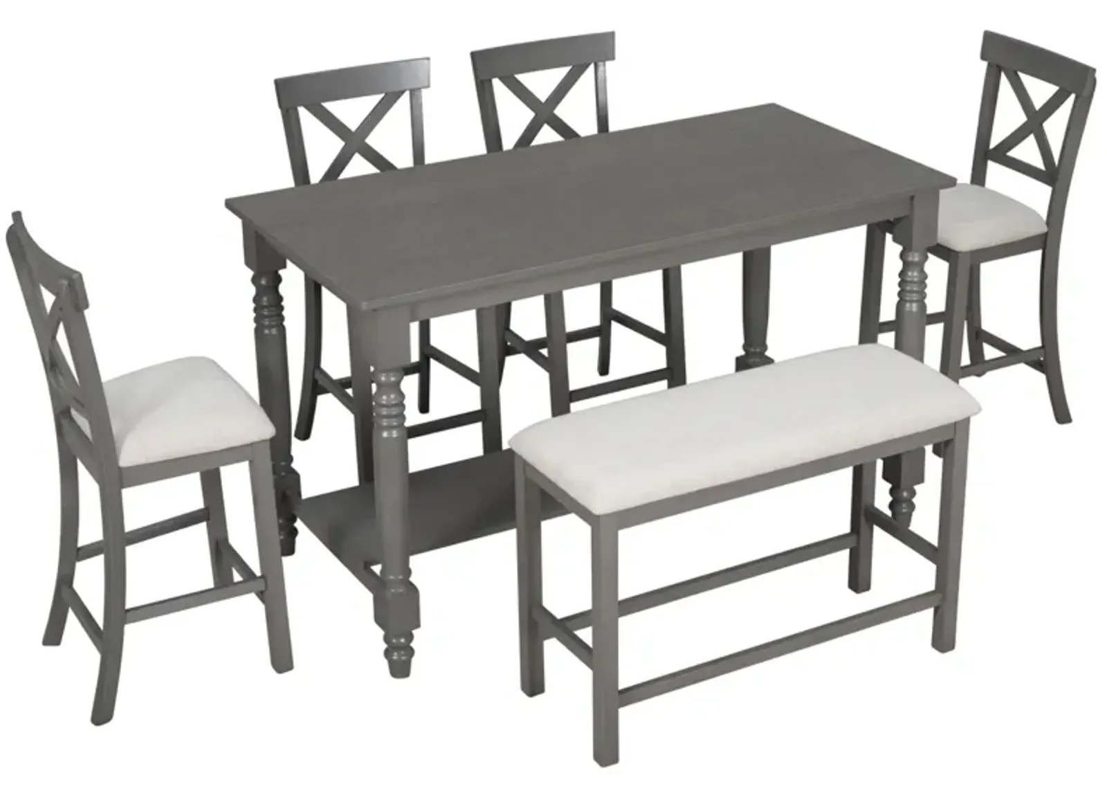 6-Piece Counter Height Dining Table Set Table with Shelf 4 Chairs and Bench