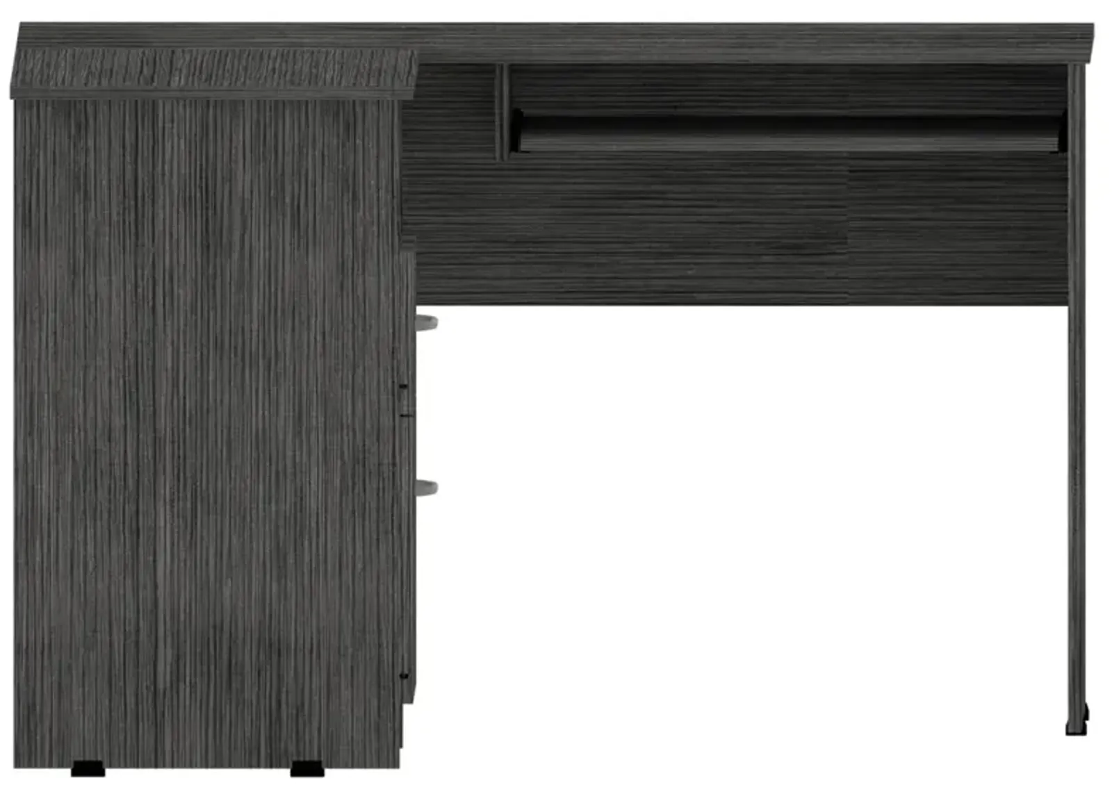 Mix L-Shaped Desk, Keyboard Tray, Two Drawers, Single Open Shelf - Smokey Oak