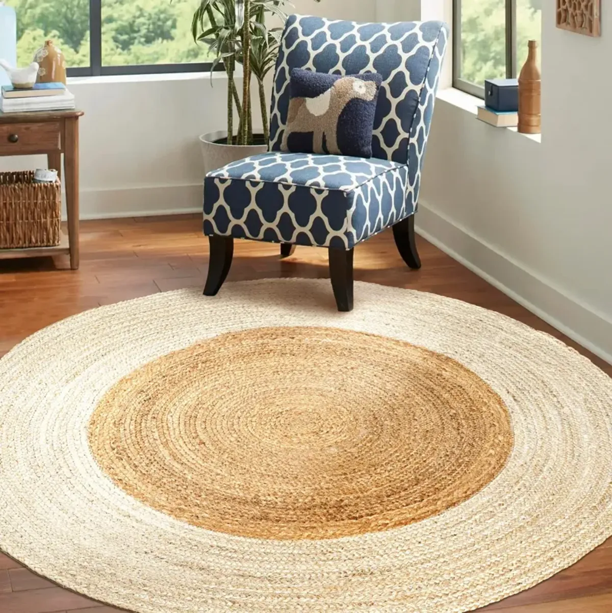 Oceana Two-Tone Boho Jute Circle Cream/Natural Round Area Rug