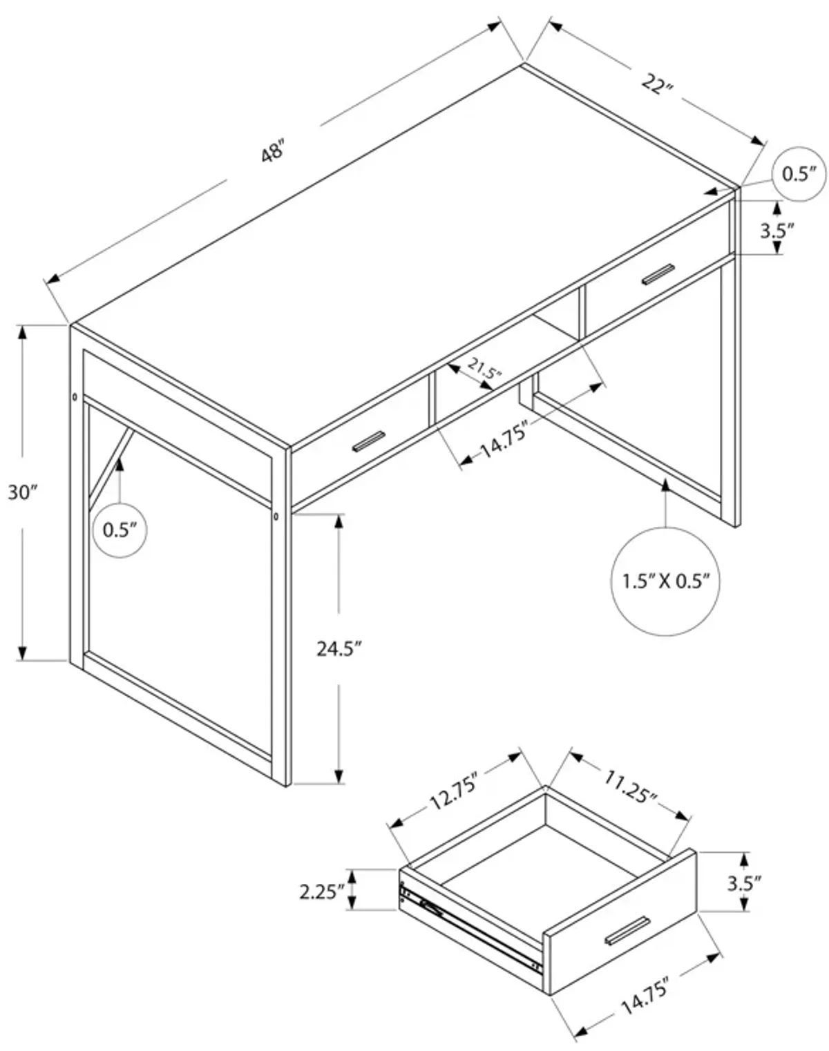 Monarch Specialties I 7366 Computer Desk, Home Office, Laptop, Storage Drawers, 48"L, Work, Metal, Laminate, Brown, Grey, Contemporary, Modern