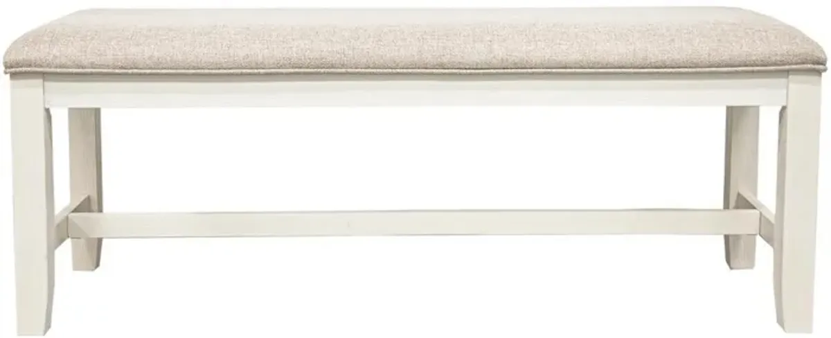 Sam 50 Inch Dining Bench, Farmhouse Style, Beige Upholstery, White Wood - Benzara