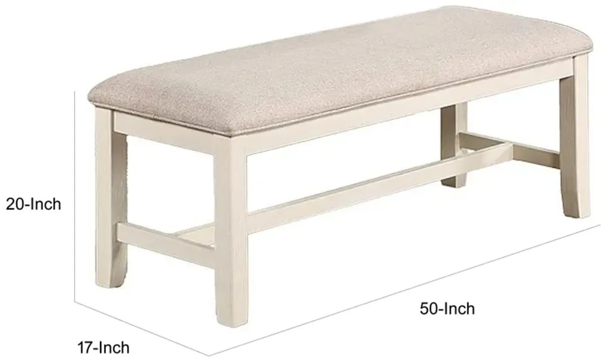 Sam 50 Inch Dining Bench, Farmhouse Style, Beige Upholstery, White Wood - Benzara