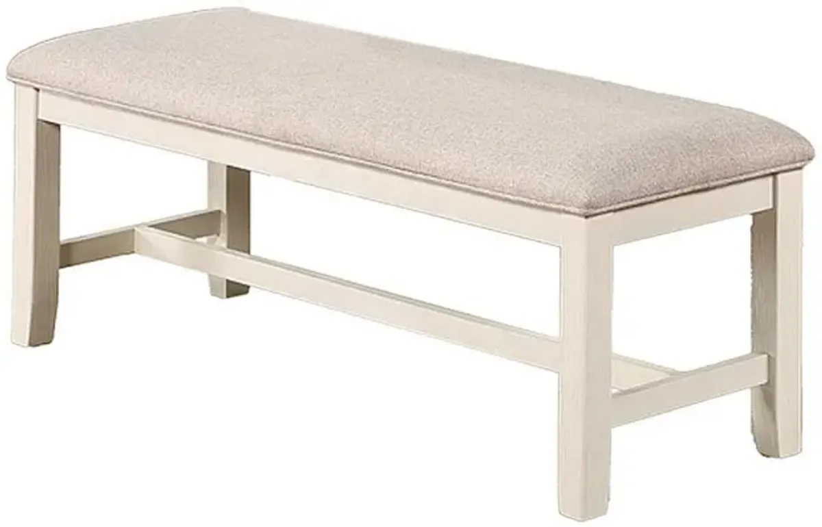 Sam 50 Inch Dining Bench, Farmhouse Style, Beige Upholstery, White Wood - Benzara