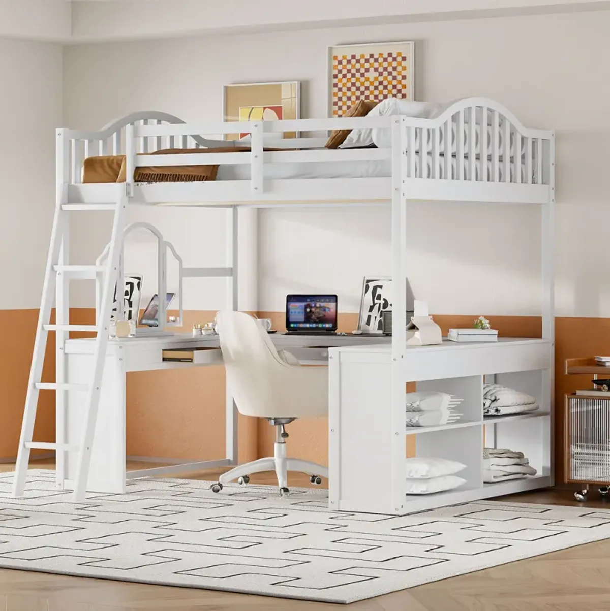 Merax Loft Bed with U-shaped Desk and Tri-fold Mirror