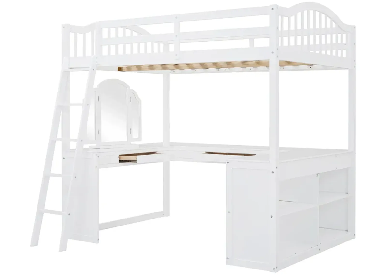 Merax Loft Bed with U-shaped Desk and Tri-fold Mirror