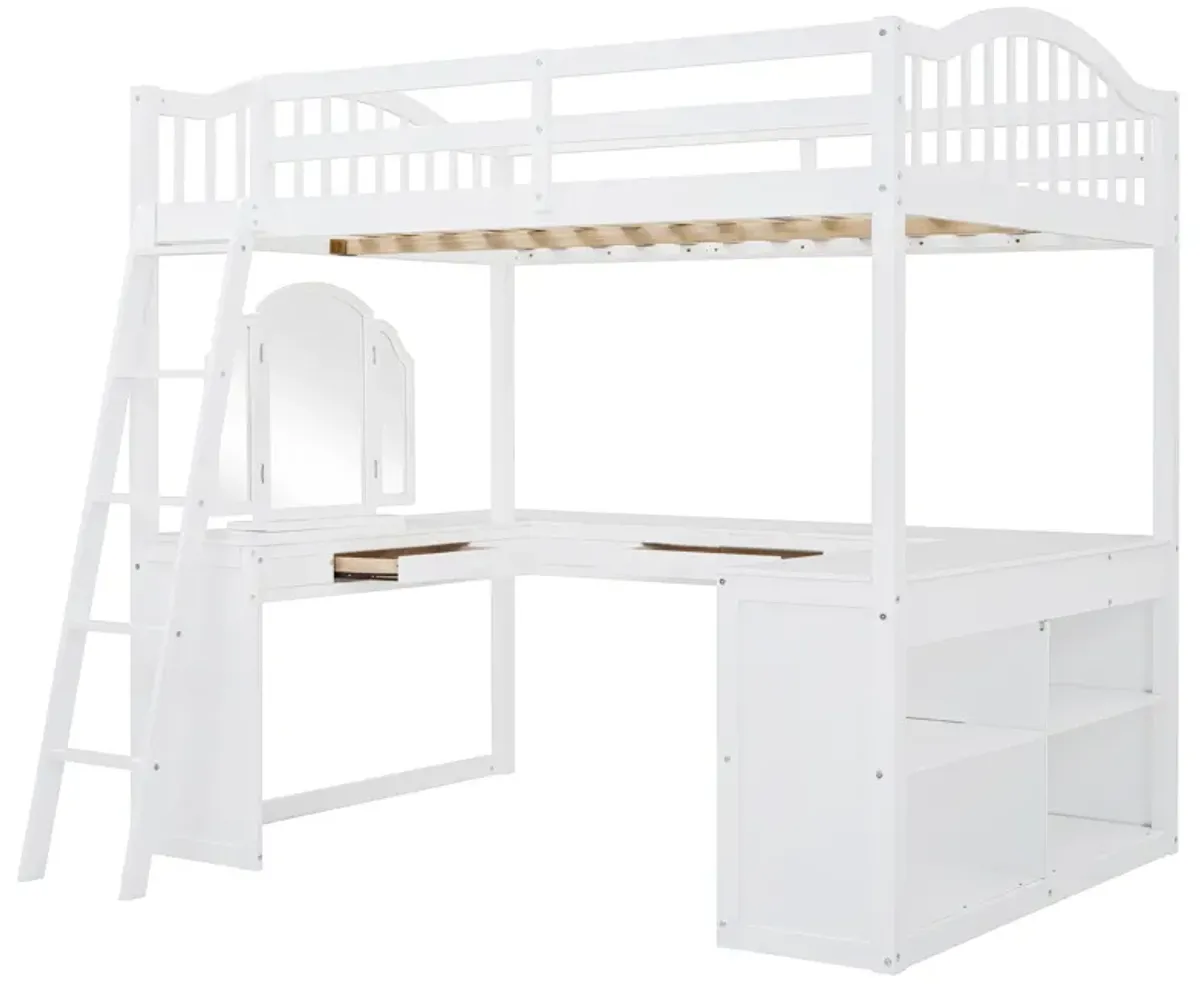 Merax Loft Bed with U-shaped Desk and Tri-fold Mirror