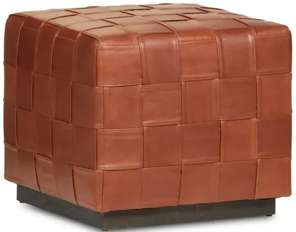 Westy Ottoman, Modern Dark Tan Leather, Brown Wood Plinth, 22 Inch - Benzara
