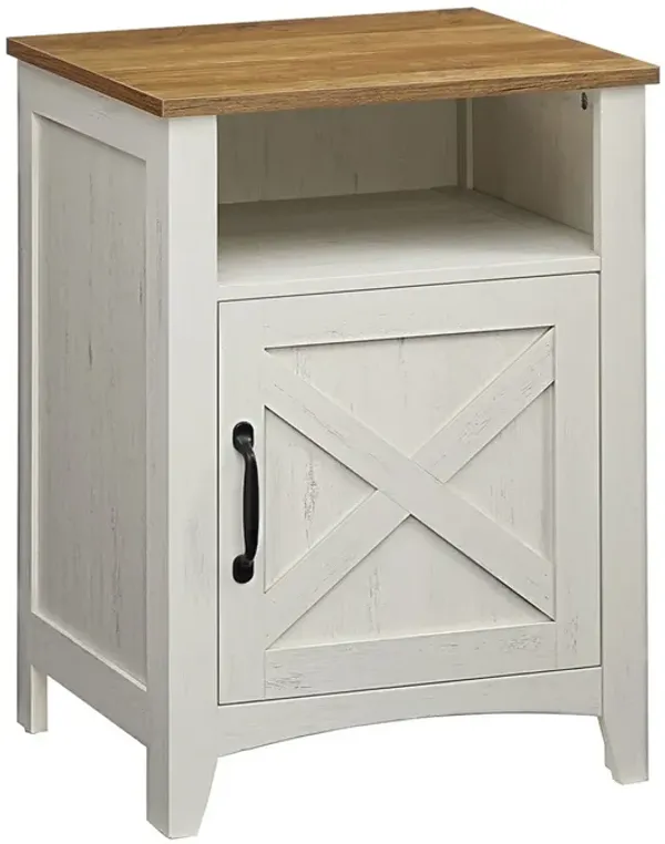 Eva 24 Inch Nightstand, 1 Barn Cabinet, Open Top Shelf, White and Brown - Benzara