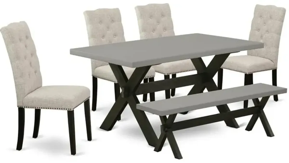 East West Furniture 6-Pc Wood Dining Table Set-Doeskin Linen Fabric Seat and Button Tufted Chair Back Kitchen chairs, A Rectangular Bench and Rectangular Top dining table with Solid Wood Legs - Cement