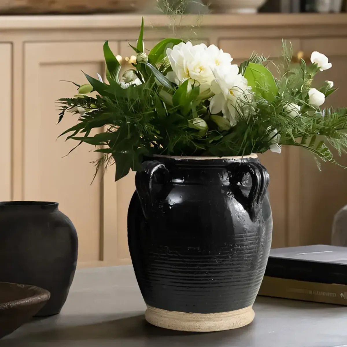 LuxenHome Black Jug Terracotta Vase with Two Handles