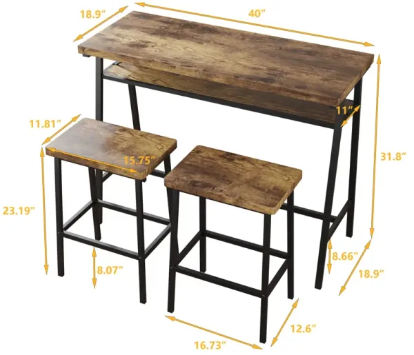 Modern 3-Piece Bar Tables And Chairs Set With 2 Chairs For Dining Room, Frame