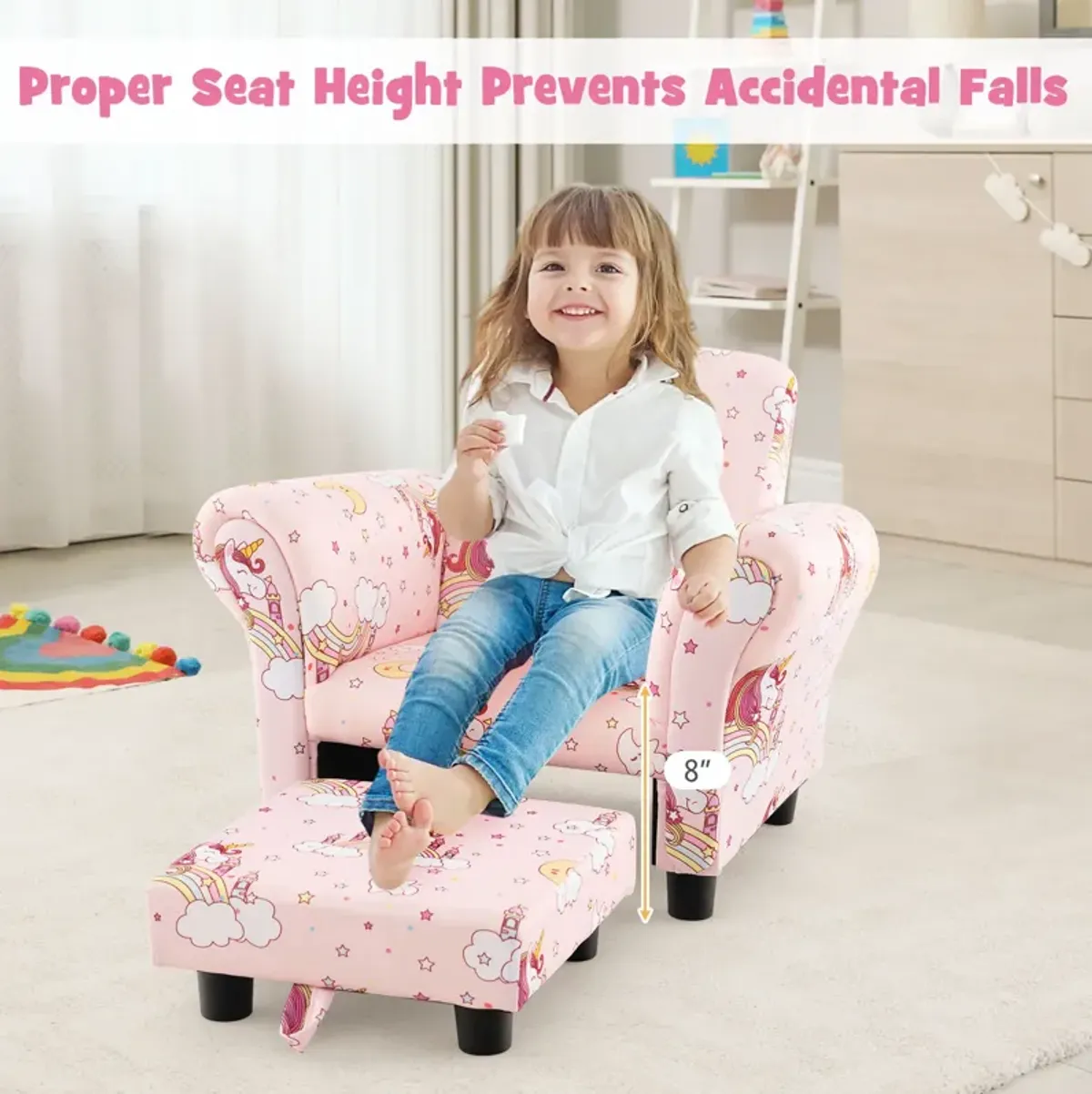 Kids Single Sofa with Cute Patterns  Ergonomic Backrest and Armrests