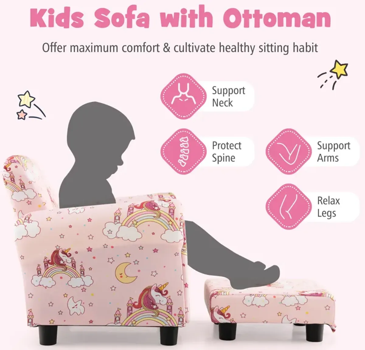 Kids Single Sofa with Cute Patterns  Ergonomic Backrest and Armrests