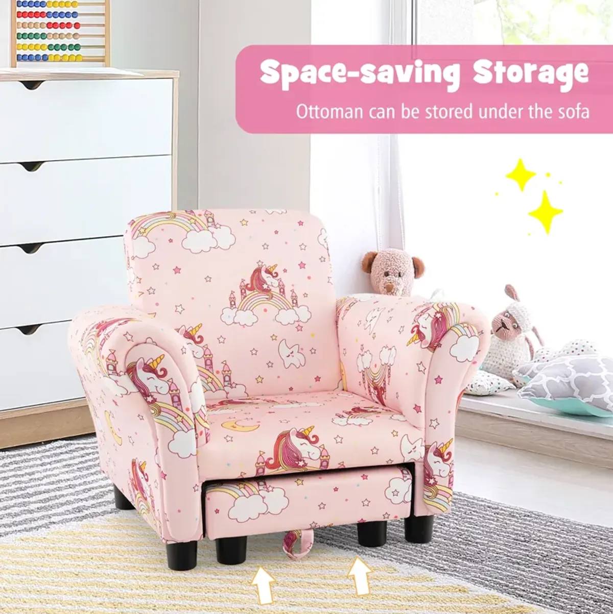 Kids Single Sofa with Cute Patterns  Ergonomic Backrest and Armrests