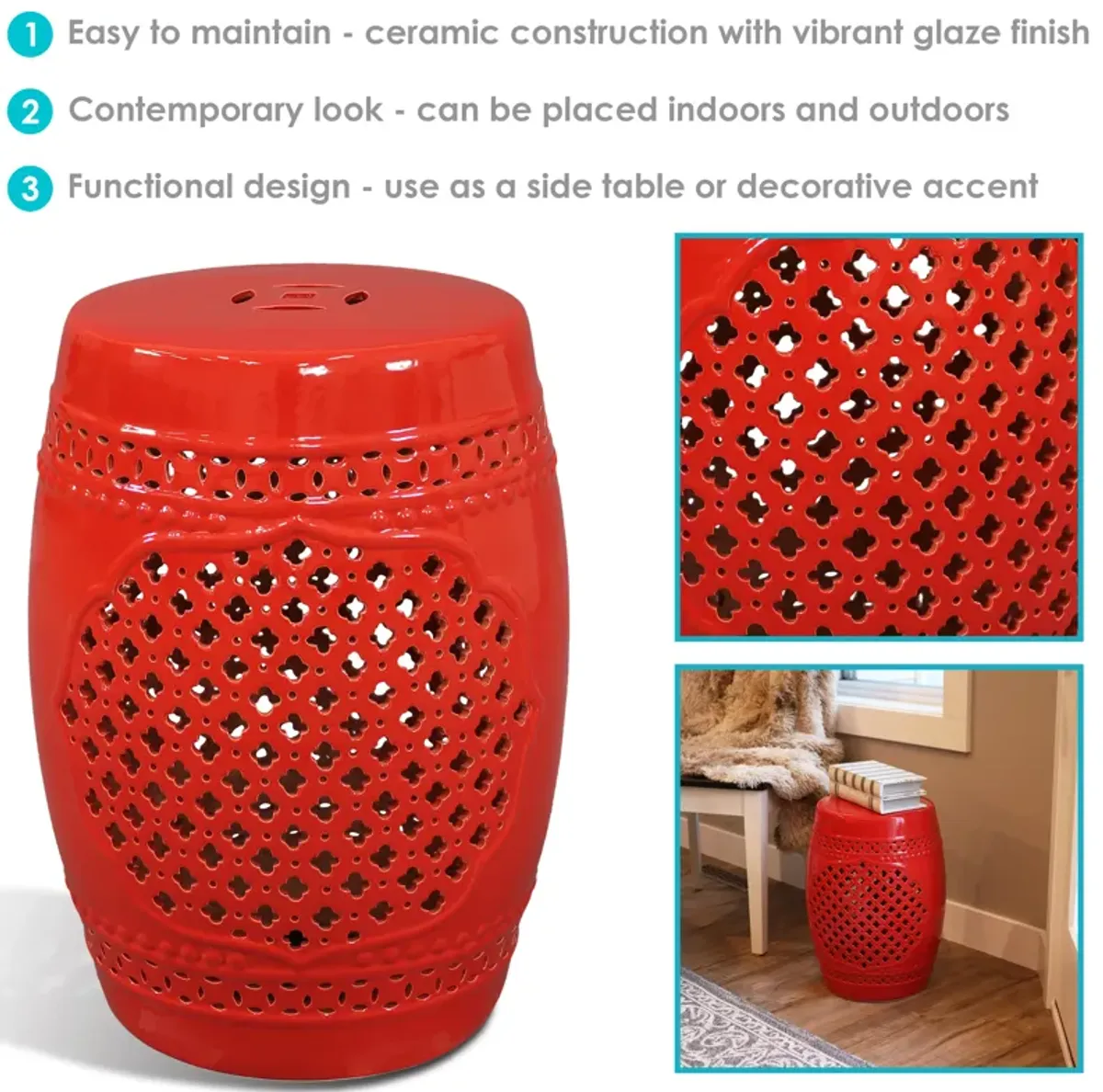 Sunnydaze 17.75 in Marrakesh Lattice Ceramic Glaze Garden Stool