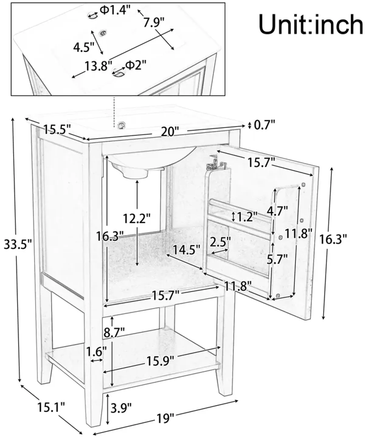 Gewnee 20" Bathroom Vanity With Sink, Bathroom Cabinet, White