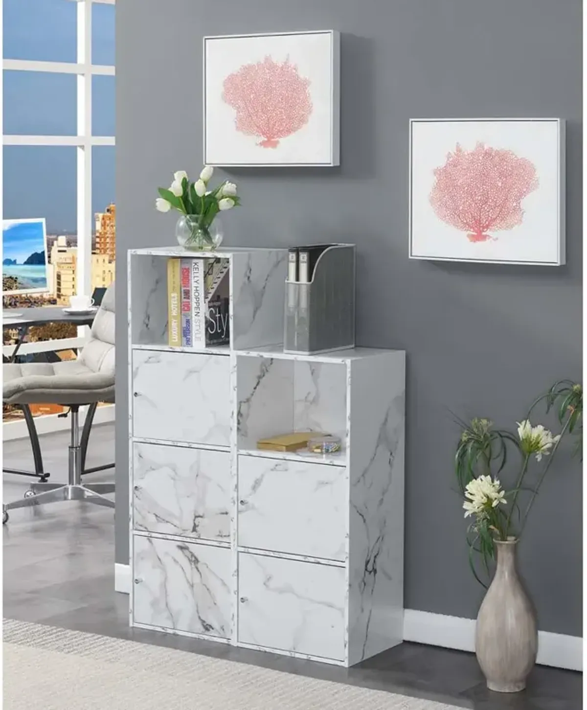 Convenience Concepts Xtra Storage 3 Door Cabinet with Shelf, White Faux Marble