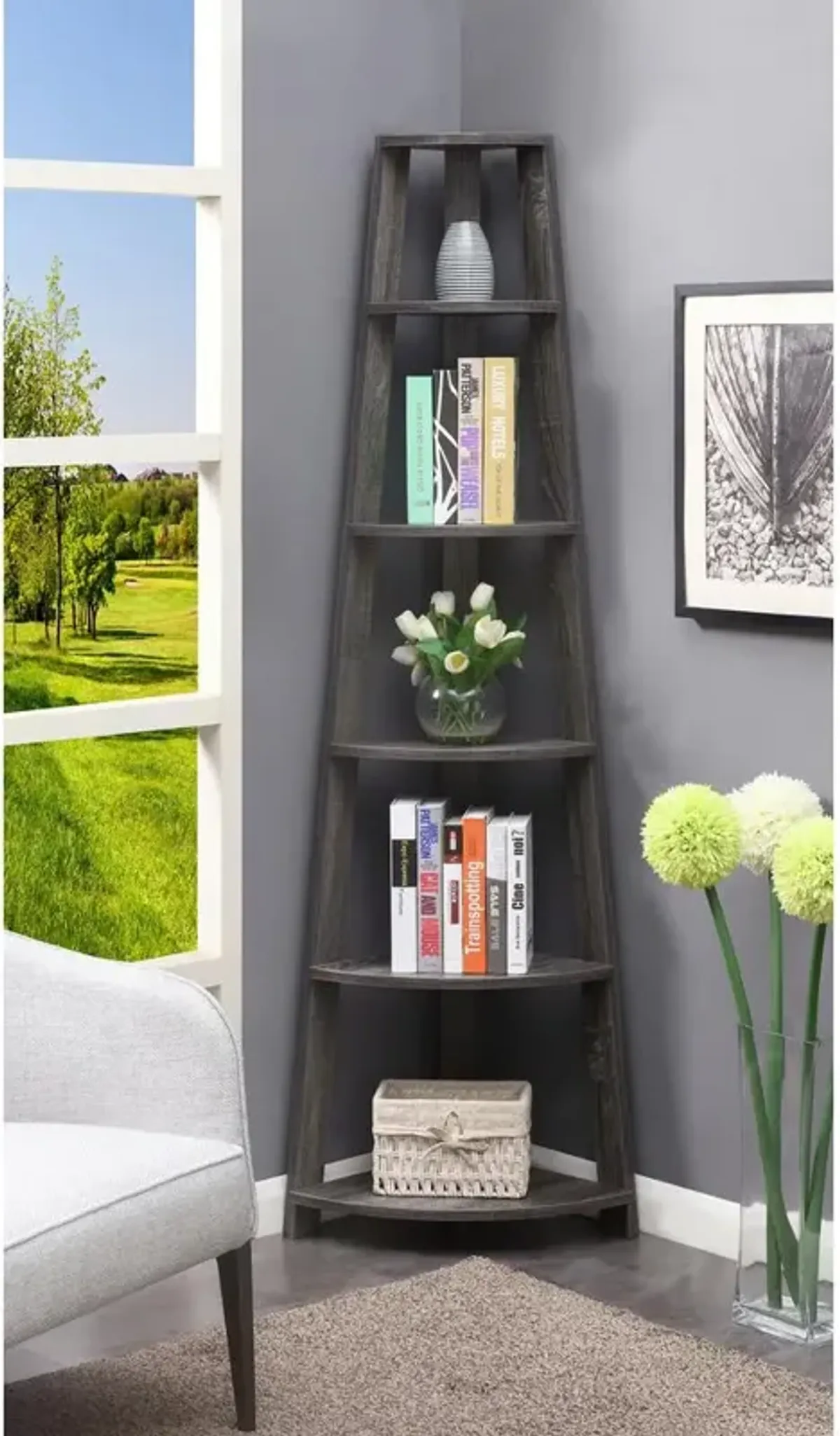 Convenience Concepts Newport 5 Tier Corner Bookshelf Weathered Gray