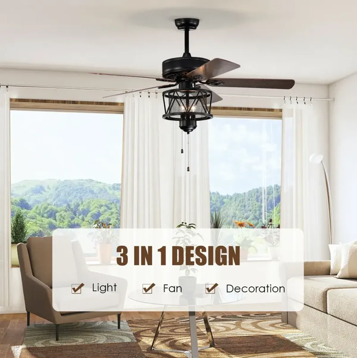 50 Inches Ceiling Fan with Lights Reversible Blades and Pull Chain Control