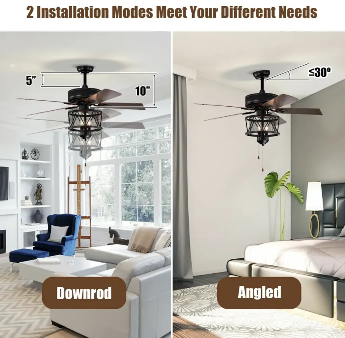 50 Inches Ceiling Fan with Lights Reversible Blades and Pull Chain Control