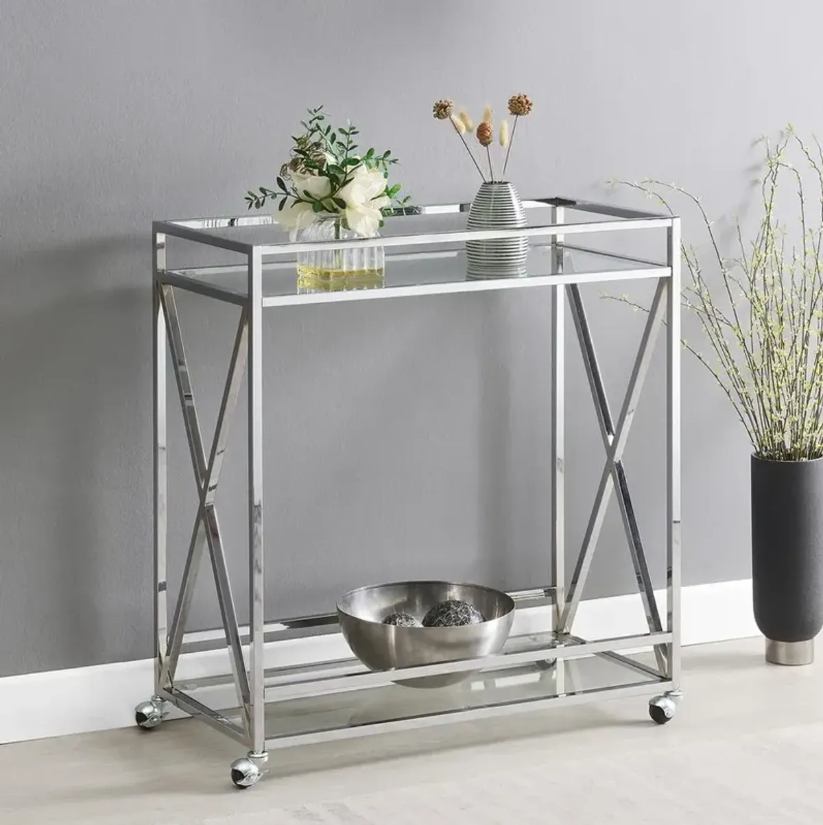 Convenience Concepts Oxford Chrome Glass Bar Cart with Shelf