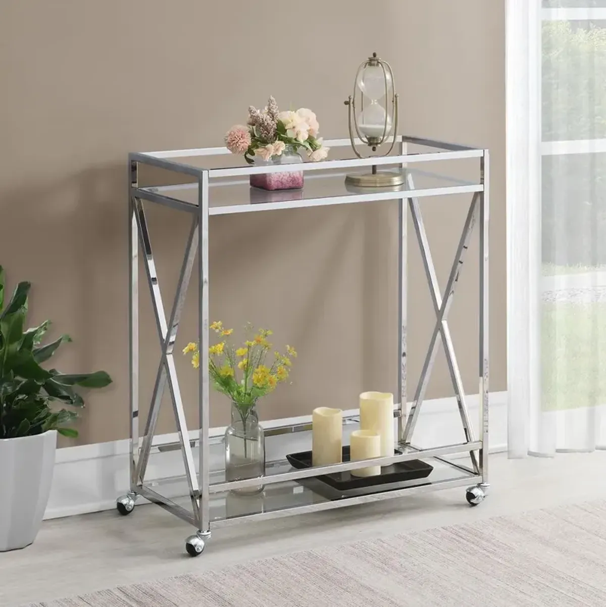 Convenience Concepts Oxford Chrome Glass Bar Cart with Shelf