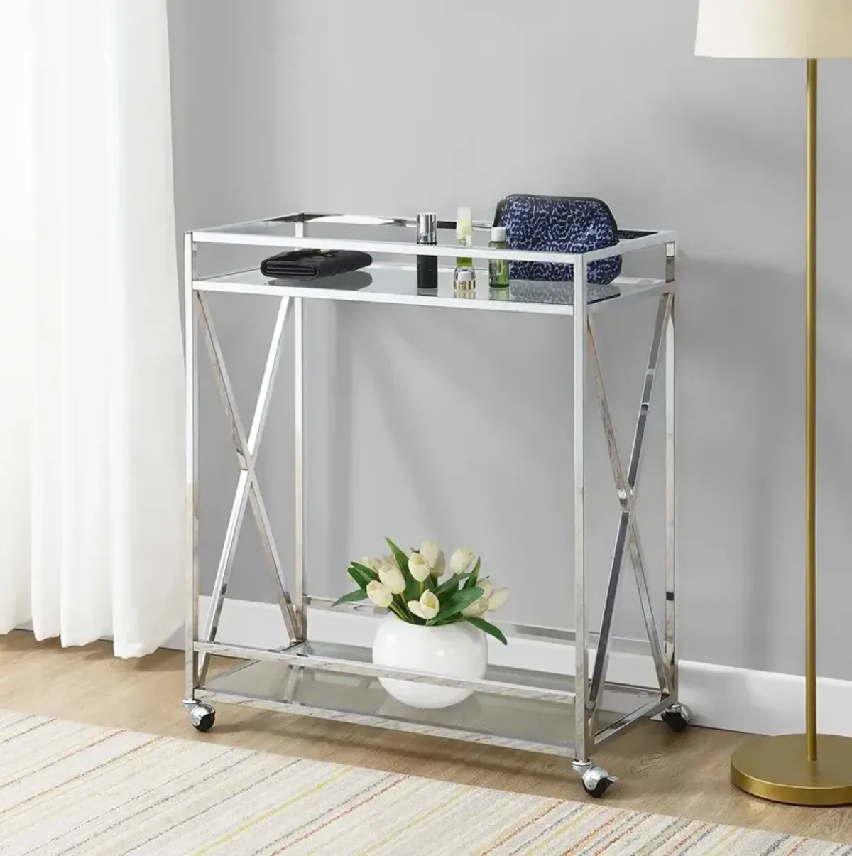 Convenience Concepts Oxford Chrome Glass Bar Cart with Shelf