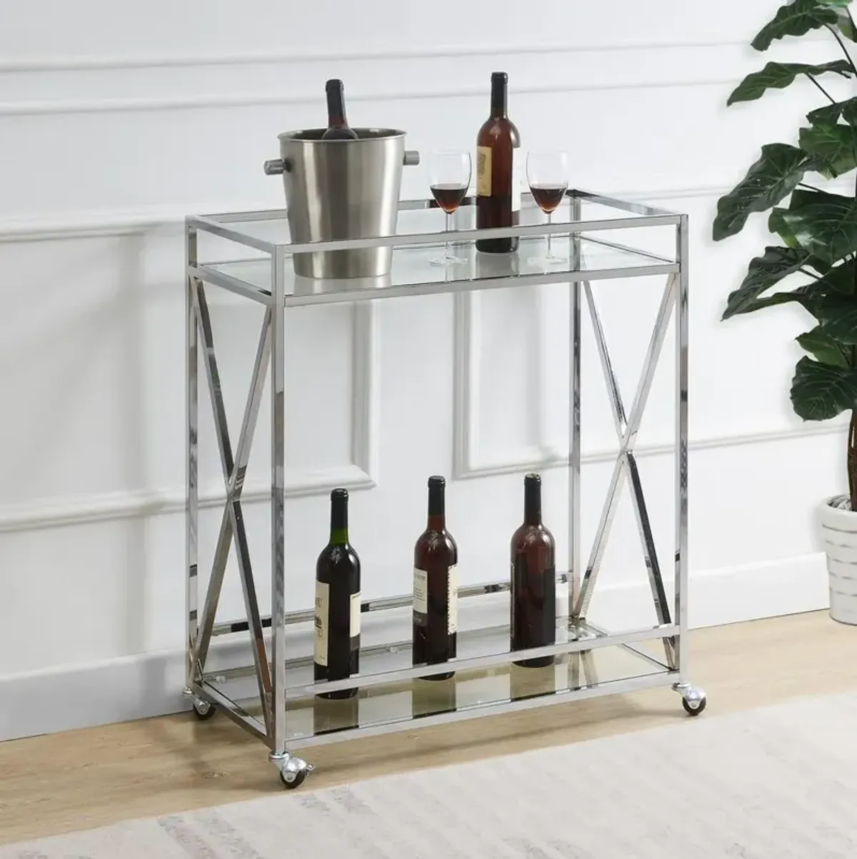 Convenience Concepts Oxford Chrome Glass Bar Cart with Shelf