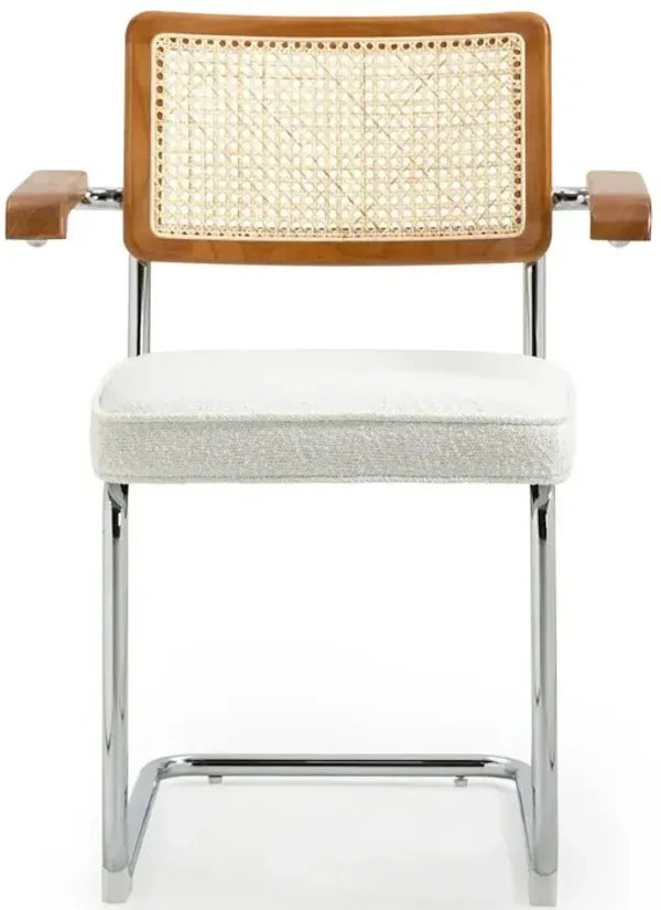 Glamour Home Set of 2 White Boucle Fabric Dining Chair Rattan Backrest and Chrome Legs