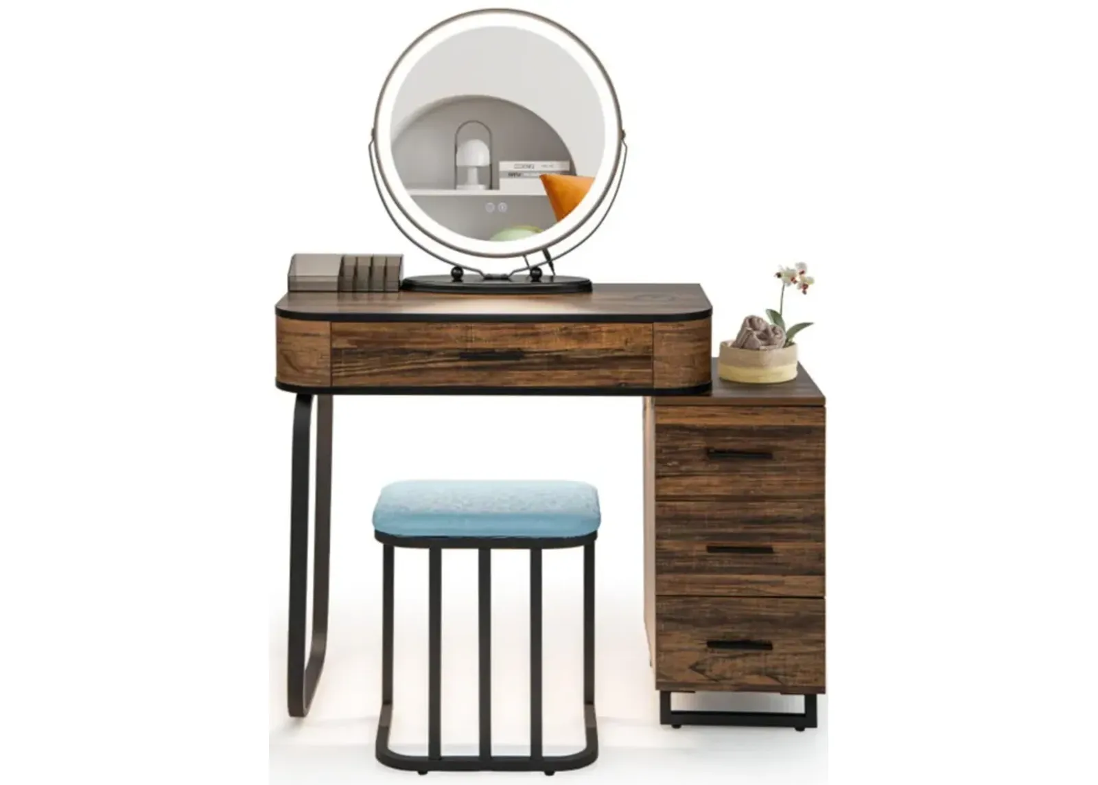 Hivvago Vanity Table Set with 3-Color Lighted Mirror and Charging Station-Brown