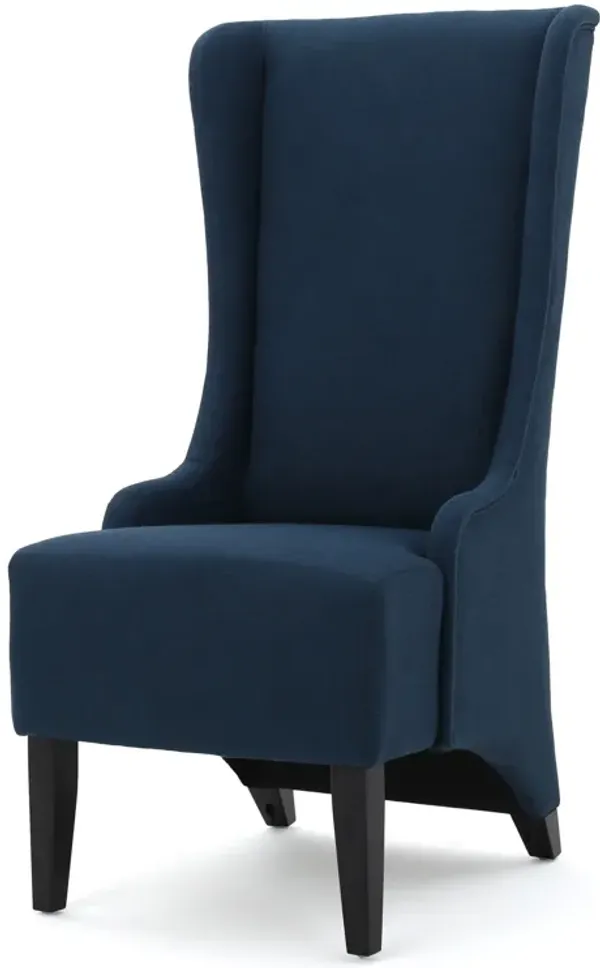 Becca Dining Chair, High Wingback Brown Birch Wood, Navy Blue Fabric  - Benzara