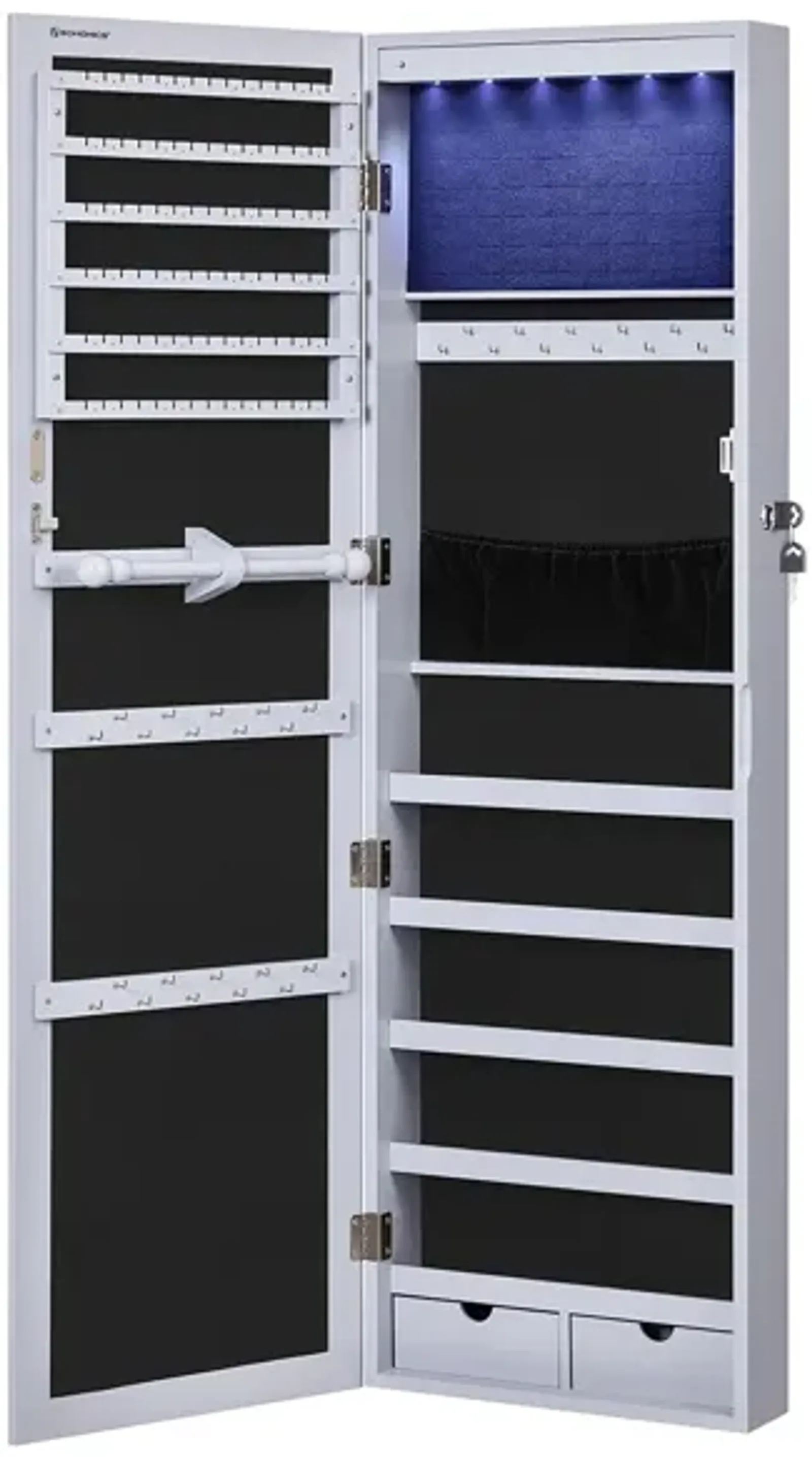 Wall/Door Mounted Jewelry Armoire 6-LED Mirror Cabinet with Lock, 2 Drawers, and Organizer