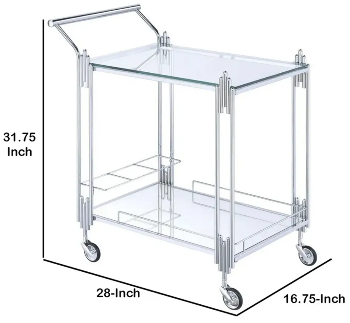 Metal and Mirror Rectangular Serving Cart with Open Shelf, Silver-Benzara