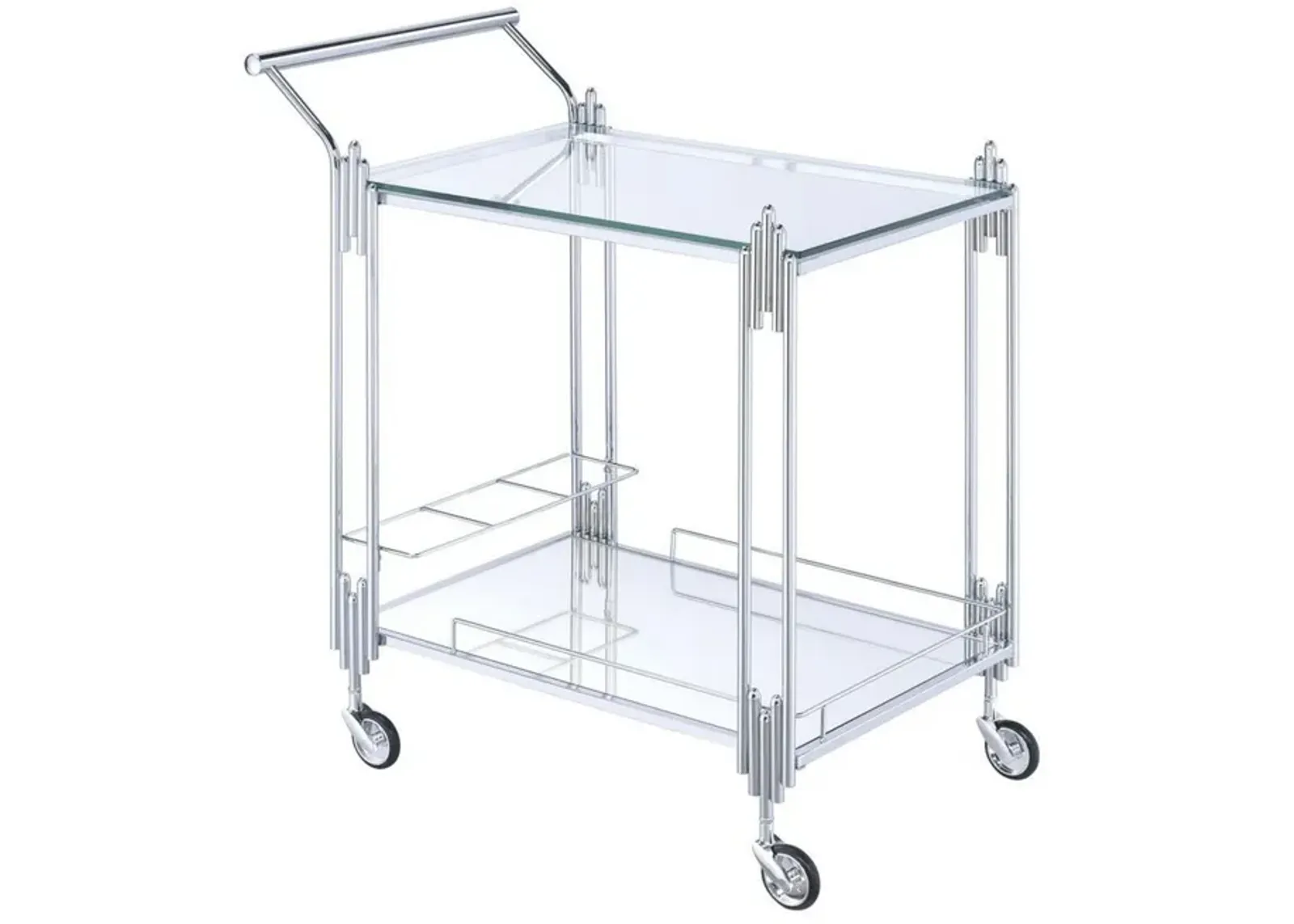 Metal and Mirror Rectangular Serving Cart with Open Shelf, Silver-Benzara