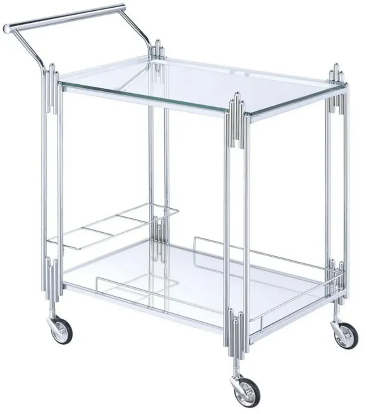 Metal and Mirror Rectangular Serving Cart with Open Shelf, Silver-Benzara