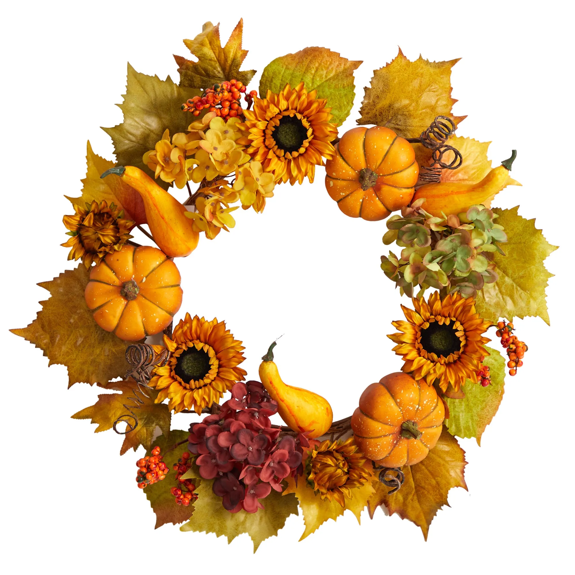 HomPlanti 22" Autumn Hydrangea, Pumpkin and Sunflower Artificial Fall Wreath