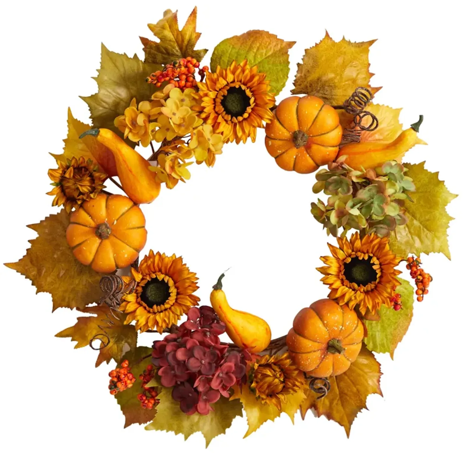 Hivvago 22" Autumn Hydrangea, Pumpkin and Sunflower Artificial Fall Wreath