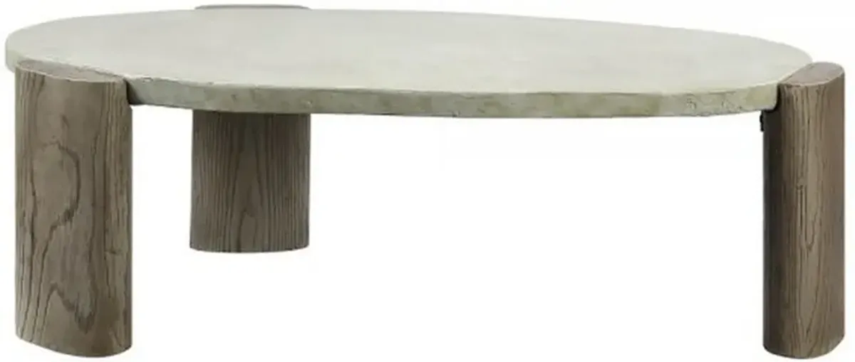 47 Inch Coffee Table, Oval Shape Cement Top, Smooth Gray and Oak Brown - Benzara