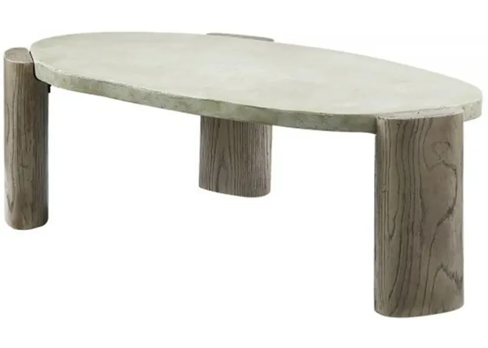 47 Inch Coffee Table, Oval Shape Cement Top, Smooth Gray and Oak Brown - Benzara